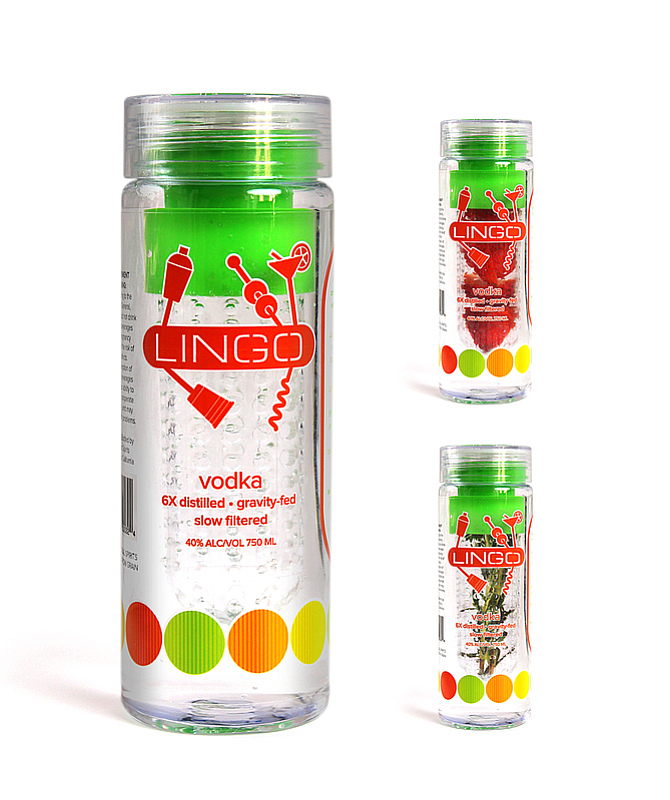 The patented, BPA-free plastic bottle design for Lingo vodka features a built-in infuser. 
