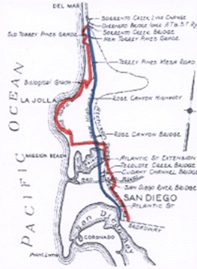 Red line shows original 1926 Route 101. The blue line shows after 1933.