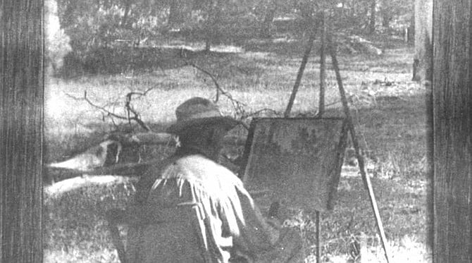 Charles Fries painting at Camp Merritt, Laguna Mountains, 1924. “We made a number of trips up to Laguna Mountain. Mr. Merritt had built a cabin up there, which was more pleasant than camping out."