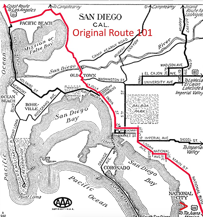 Original 101 in 1926. Potter confirmed that Morena Boulevard, between Taylor Street and Balboa Avenue/Garnet Avenue, was part of the original Route 101. 