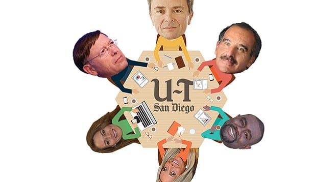 The U-T’s latest community advisory editorial board is packed with PR people and controversial former politicos. Clockwise from top: Jeff Light, David Bejarano, Dwayne Crenshaw, Stephanie Brown, Teresa Acosta, Jan Goldsmith.