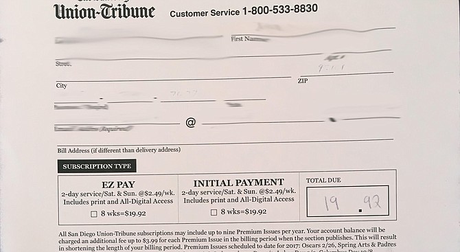 Union-Tribune order receipt.