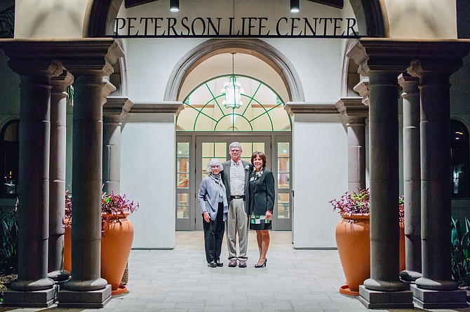 Sharon and Paul V. Peterson and CRC President and CEO, Terri Cunliffe, stand outside the entryway of the newly dedicated Peterson Life Center at Mount Miguel Covenant Village, a faith-based, not-for-profit, continuing care retirement community located at 325 Kempton St., Spring Valley, Calif.
