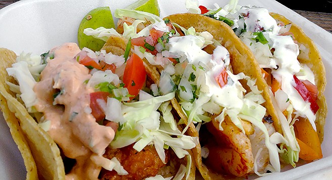 Tacos El Rorro fish, grilled shrimp, and gobernador