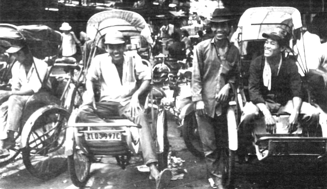 Rickshaws. The kid in ragged shorts and thongs who pedals me: “Hang ten, man! I be your groovy cycloman. I hate Communist. VC they kill my father."
