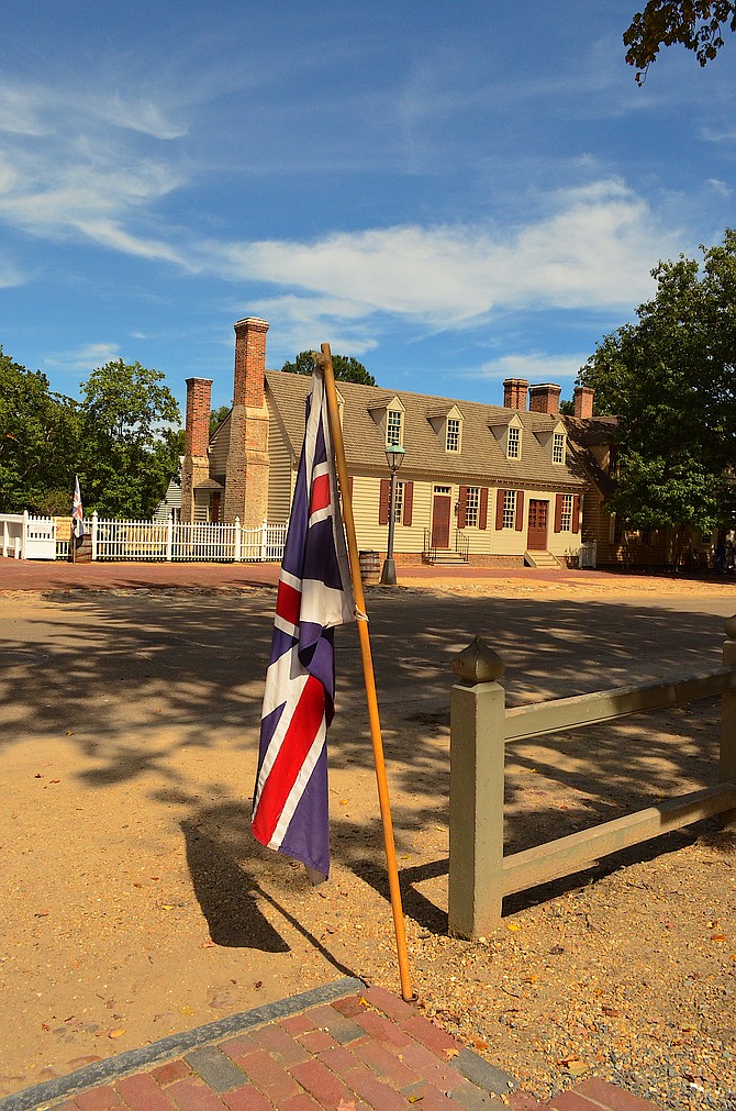 British flag at Colonial Williamsburg, Virginia, with a St. George's and a St. Andrew's Cross, from October 2014.  