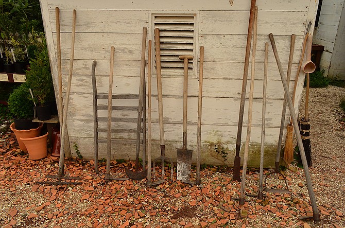 Garden tools at the Colonial Nursery in Colonial Williamsburg, Virginia.  From October 2014.  