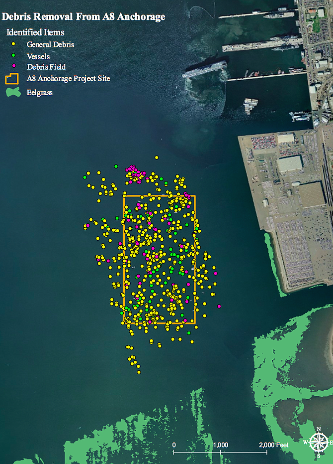 Map of Zuniga Point debris. The sailboat marking the southerly end of the beach came ashore on May 6, about the same time that another vessel washed up in front of the Hotel Del Coronado.