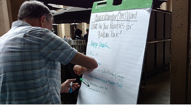 Meeting attendees scribble suggestions for Balboa Park on an easel outside auditorium