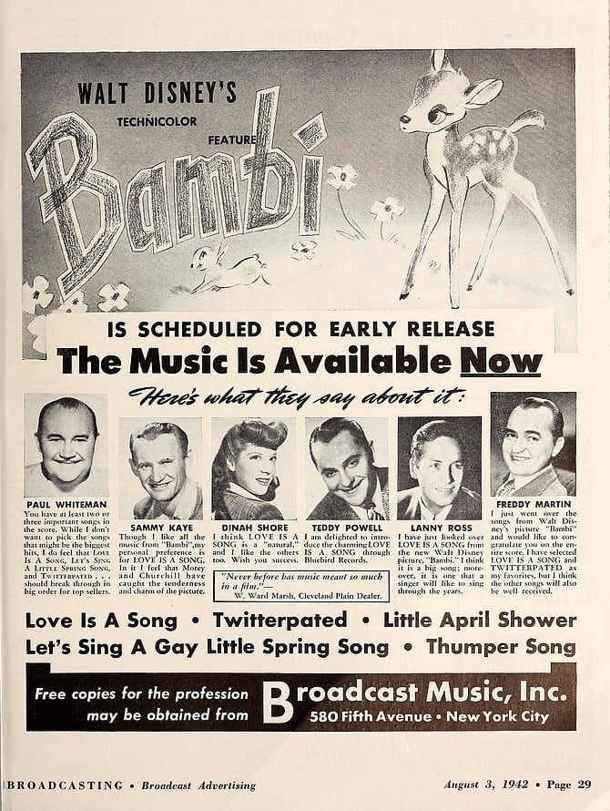 All of your favorites perform the hits from Bambi. Broadcasting, August 3, 1942.