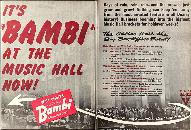 Trade ad for the premier of Bambi at Radio City Music Hall. Motion Picture Herald, August 22, 1942.