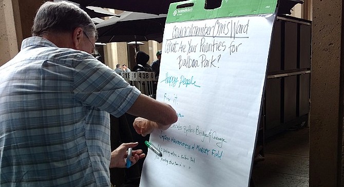 Several scribbled notes on an easel in opposition to the plan to build a bridge bypassing the Plaza de Panama.
