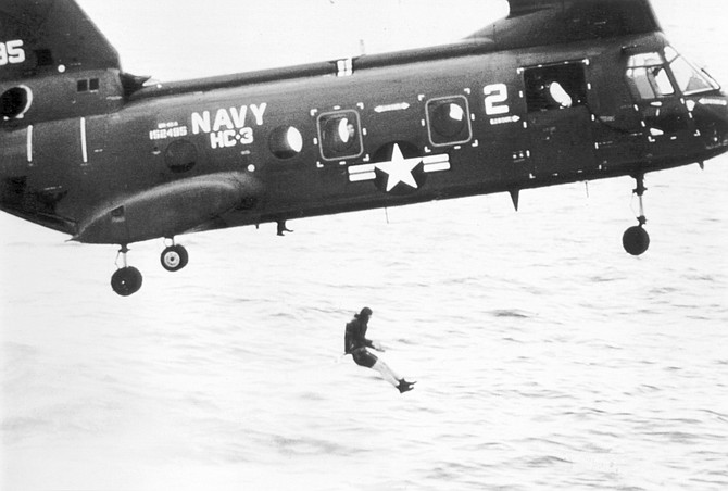 Helo-casting from a CH-46 Sea Knight. The SEALs were already on board when the helo went into the ocean.