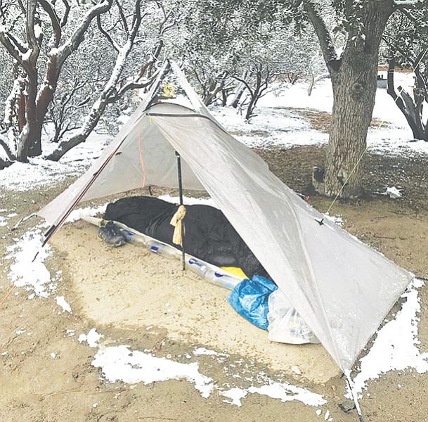 Rozands’s trail tent — photographed near Idyllwild — makes use of his trekking poles instead of internal frame poles, which saves on weight.