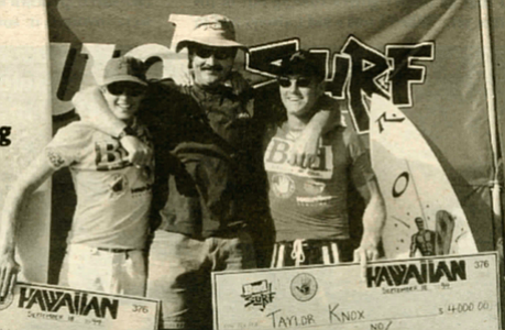 Rusty with two surf contest winners, 1994. "What ruined the surf industry? It was neon."