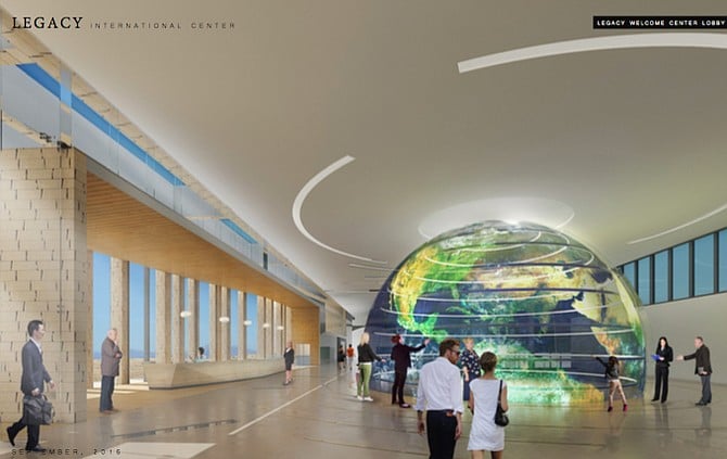 A 30 x 22 foot digital interactive globe will greet visitors.