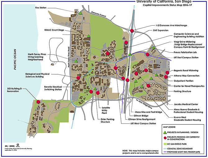 UCSD Capital Improvements Map. "The coastal commission gave them the green light to exceed the coastal zone height limits of 30 feet. They came back with four or five 10-story buildings." (Click to enlarge.)