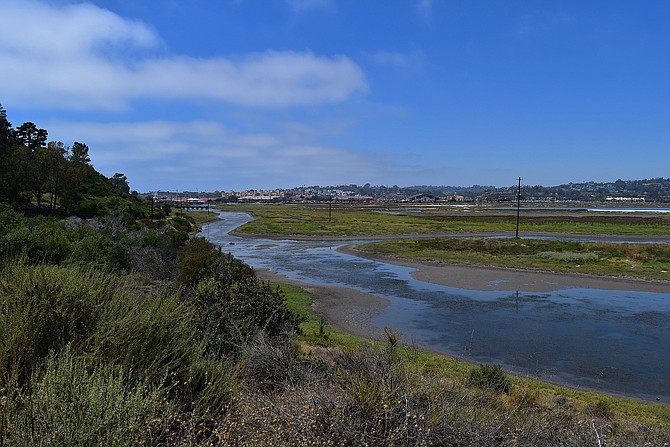 June 2017 view of San Dieguito Lagoon and Del Mar Fairgrounds with lovely marine layer hanging over the coast.  