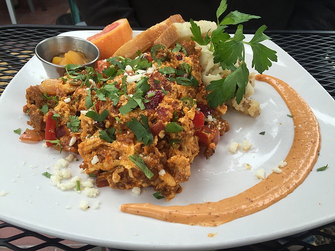 The Tres Egg Scramble with soy chorizo (the vaunted mashed potatoes are hiding in the back)