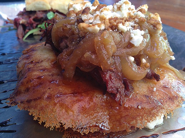 The potato pancake: blue-cheese crumbles, caramelized onions, scrumptious short-rib beef.