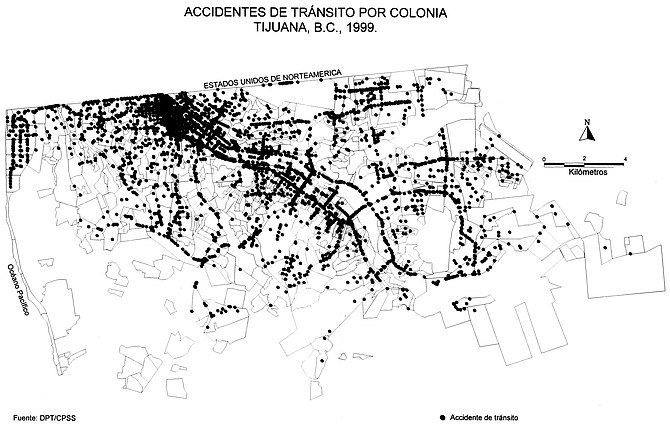 Map of Tijuana traffic accidents, 1999