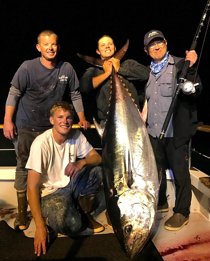 224-pound bluefin caught from the New Lo-An. Capt. Andy Williams:“The fight took all hands on deck and 4 gaffs to bring it over the rail.”
