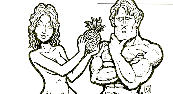 In India, Eve lures Adam with a banana. - Image by Rick Geary