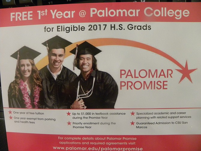 This post card arrived in the mail a few weeks ago. It offers graduating high school seniors a free year's worth of tuition plus other benefits for the first year of enrollment at Palomar Community College. 