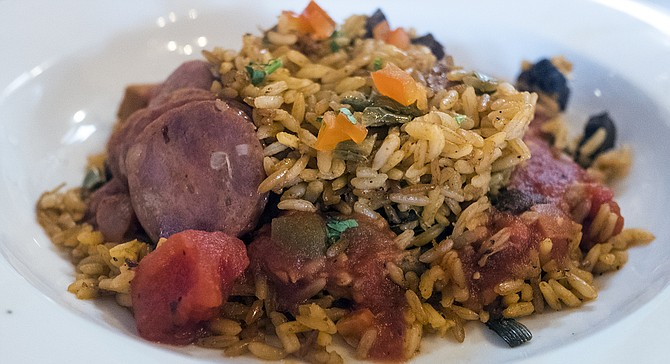 The “Cajun trinity” adds flavor to this jambalaya