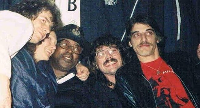 Aristotle Georgio (right) backstage with Bo Diddley (3rd from left)