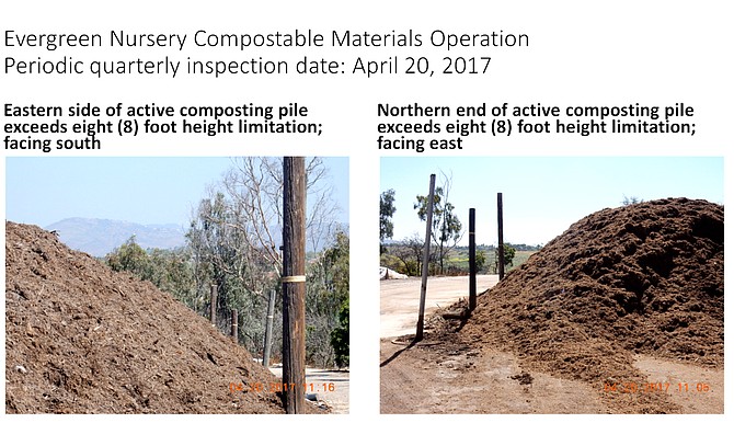 April 2017 inspection photos show compost piles exceeding the eight-foot markers.  Keeping it below eight-feet was noted as a condition of the 2004 court settlement. 