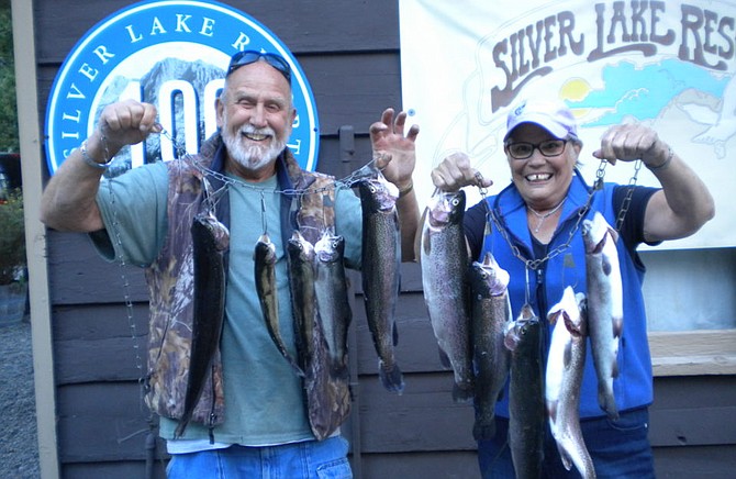 Gary and Casey Mattingly of Spring Valley landed these nice Rainbows fishing from the shore of Silver Lake using Night Crawlers and Mice Tails