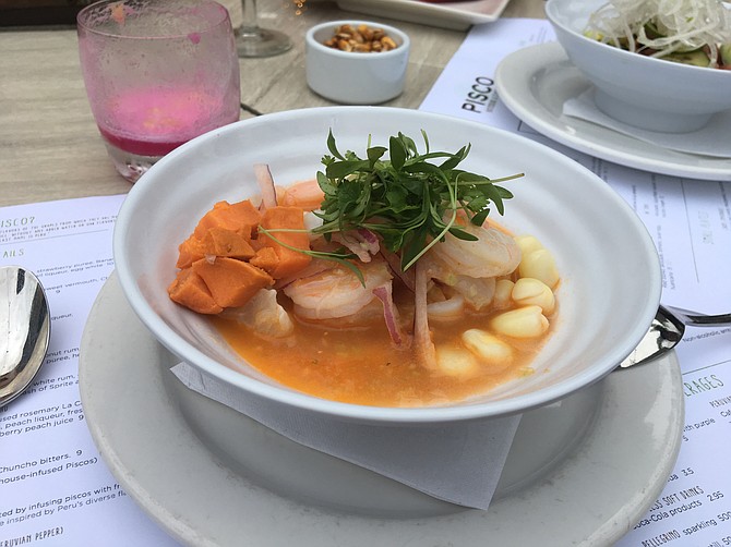 The Mixto Ceviche is made with rococo, a Peruvian chile pepper. The dish includes calamari, sweet potato, roasted corn, shrimp and other seasonal fish.