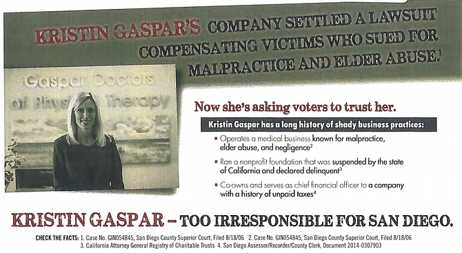 The mailer accused Gaspar of having a "long history of shady business practices."