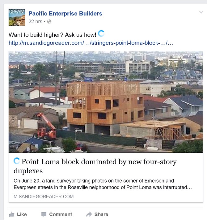 The builder got cute with a San Diego Reader article about the project - using it to tout how high they could build.