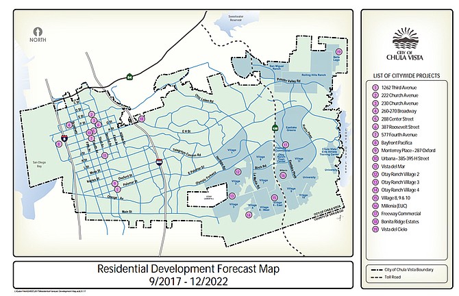 Chula Vista's 2017 residential growth forecast (darker blue indicates neighborhoods in development phase)