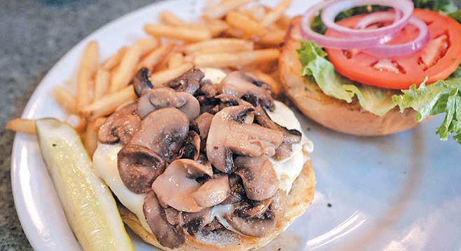 San Marcos Brewery's Mushroom & Swiss Burger — a half-pound beef or turkey on a kaiser roll.