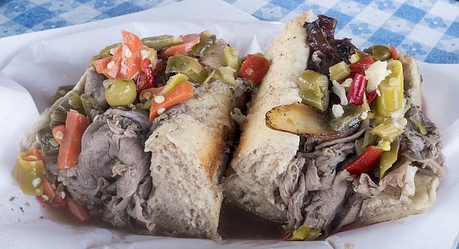 Lefty's Classic Italian Beef, fully dunked in gravy, with giardiniera peppers.