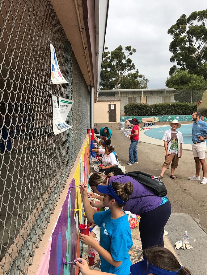 Volunteers painting a mural behind Golden Hill Recreation Center
