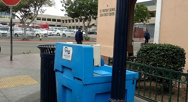 One of several hand-washing stations installed in areas frequented by the downtown homeless population