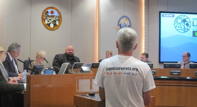 Ferret fan Pat Wright speaks to the city council