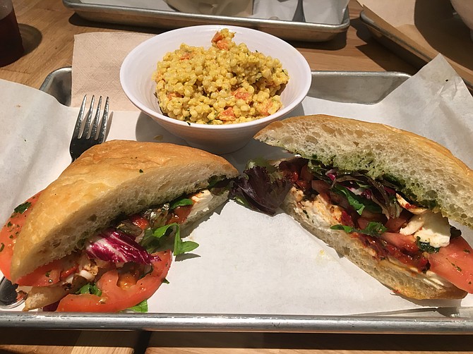 Mendocino Farm's Caprese sandwich with a side of curried couscous.