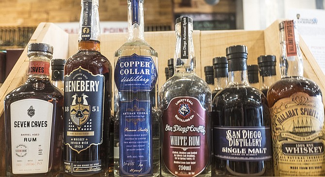 Bottles of San Diego–produced spirits for sale at K&B Wine Cellars