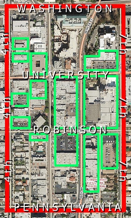 Parcels (green outline) owned by Uptown Gateway Council members proposed for redevelopment. 