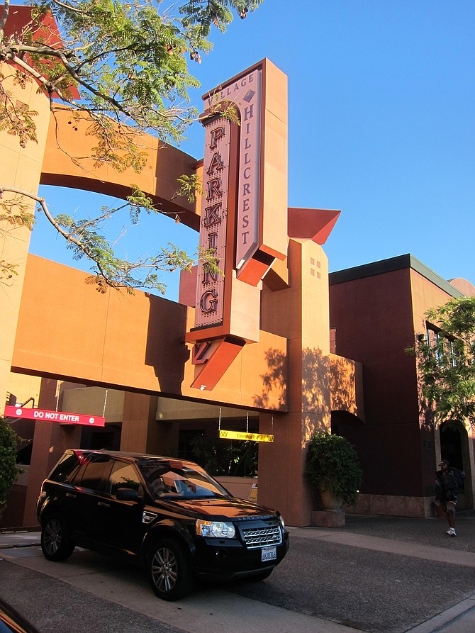 Hillcrest parking garage around the corner from the Hillcrest gateway sign on Fifth and University