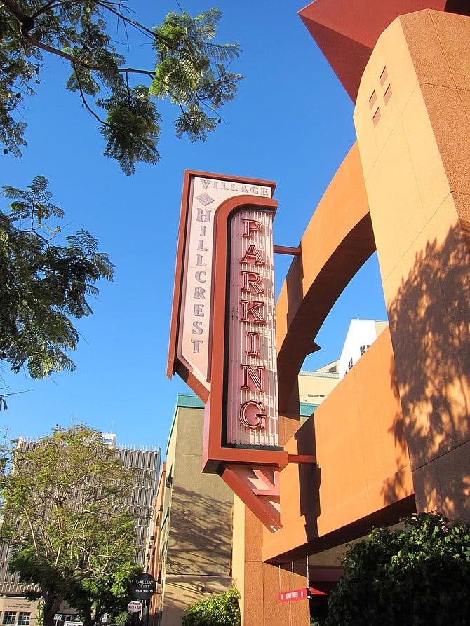 Always busy parking garage around the corner from the Hillcrest gateway sign.