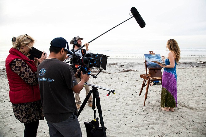 Director, DP, and crew at work filming at Carlsbad Ponto Beach
