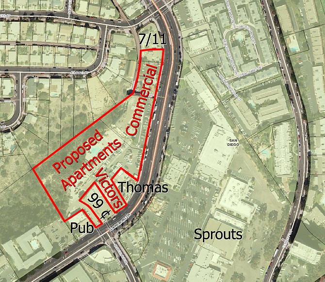 A proposed project to build a 19-unit apartment building and a new commercial building behind Victor's is moving through the city pipeline. (parcels outlined in red have one owner)