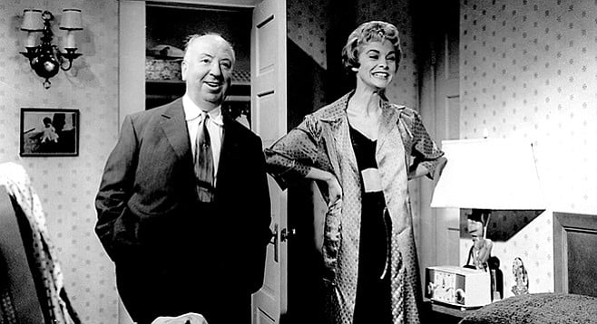 Alfred Hitchcock and Janet Leigh share a laugh on the set of Psycho. The film’s famed shower sequence is the subject of the documentary 78/58.