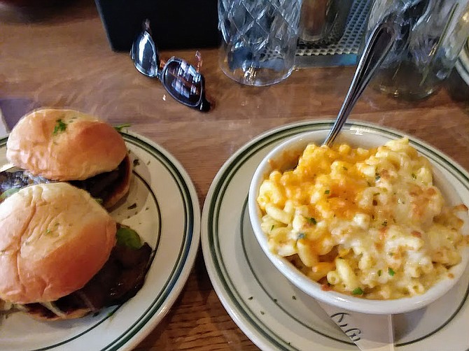 Tender and juicy brisket sliders with traditional macaroni and cheese.